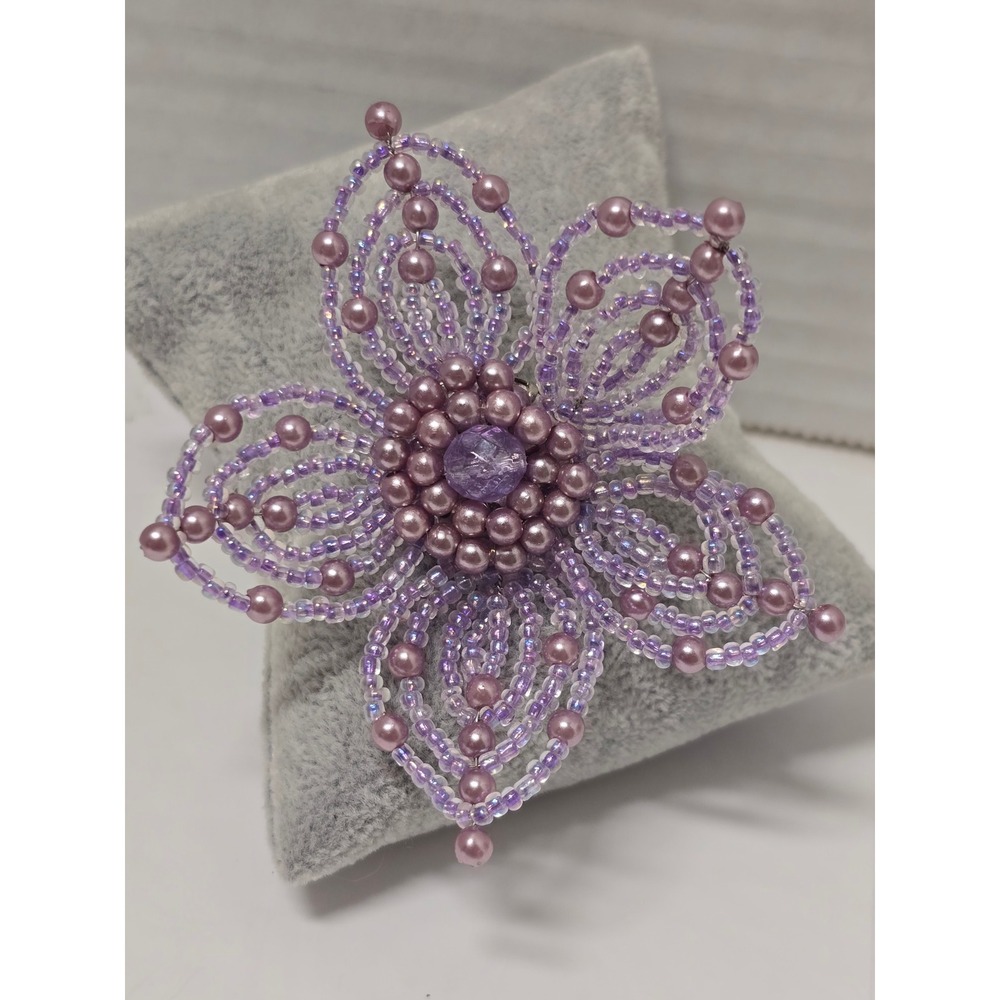 Vintage Beaded Flower Brooch Purple Lavender Faux Pearl Floral Pin Accessory